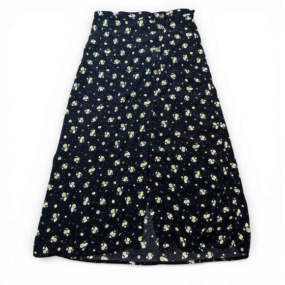 Ultra Flirt Dresses & Skirts - Ultra Flirt Daisy Floral Button‎ Front Midi Skirt Black Rayon Womens M Spring